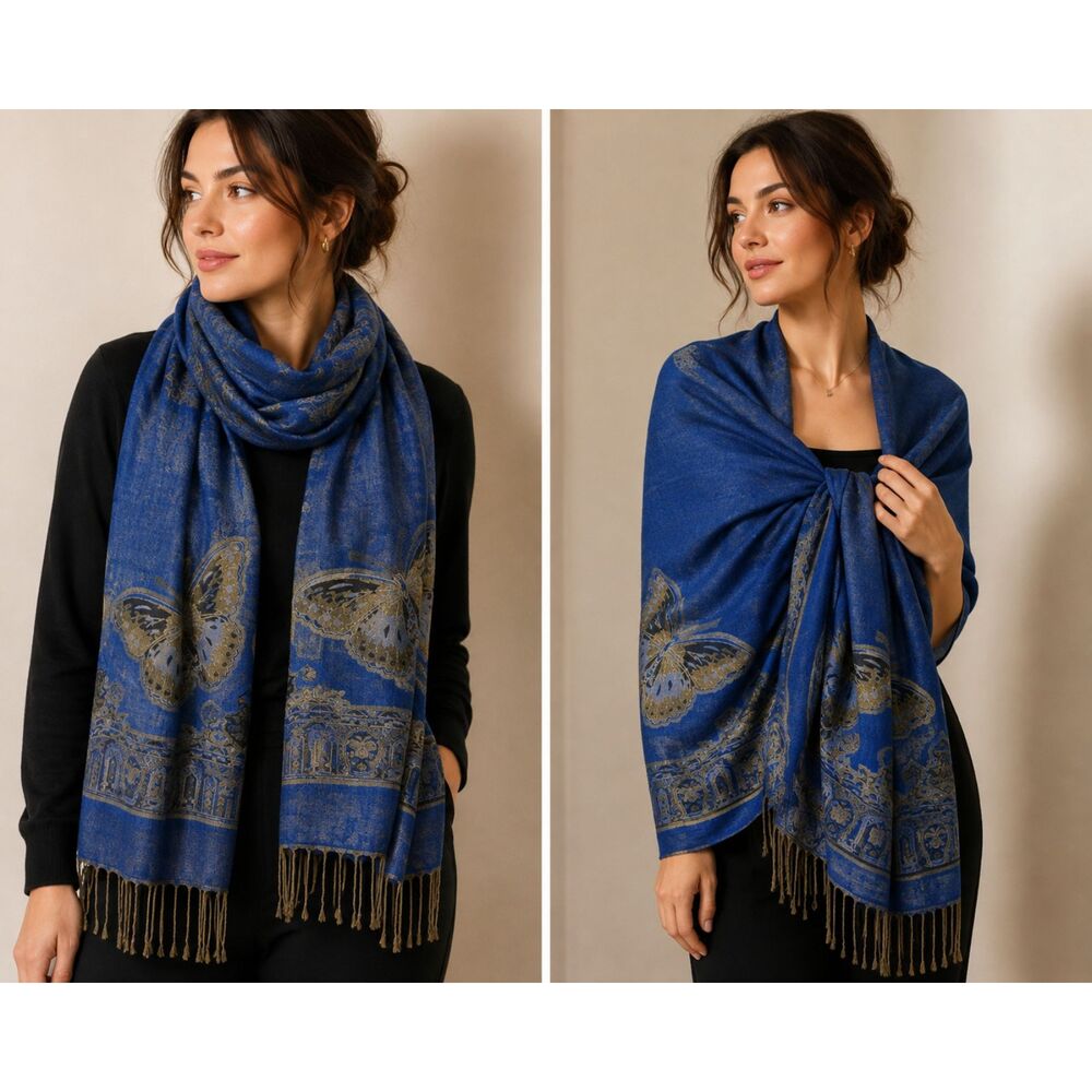 Pashmina Cashmere Silk Blend Butterfly Scarf Shawl Wrap Royal Blue Gold  Fringe